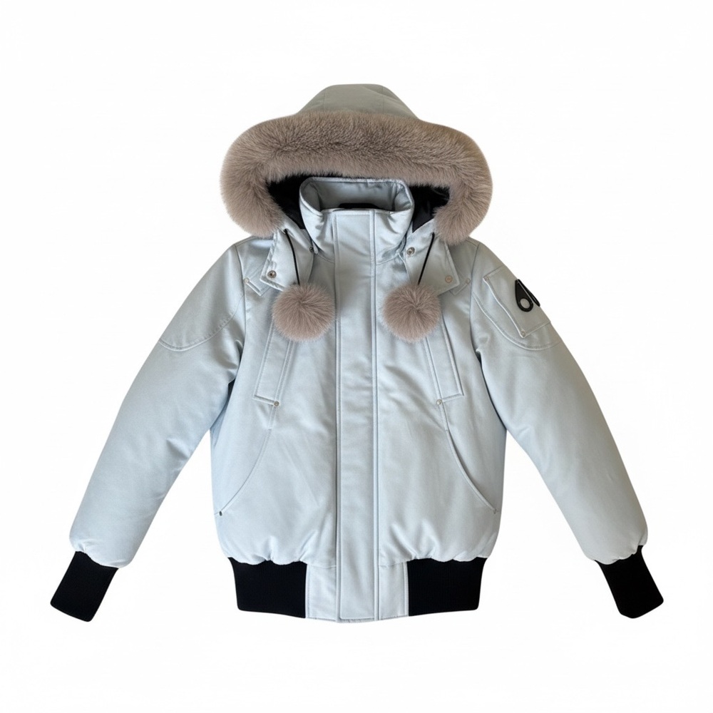 Moose Knuckles Down Bomber Jacket w Fox Fur Hood Ice Blue Women - Size L
